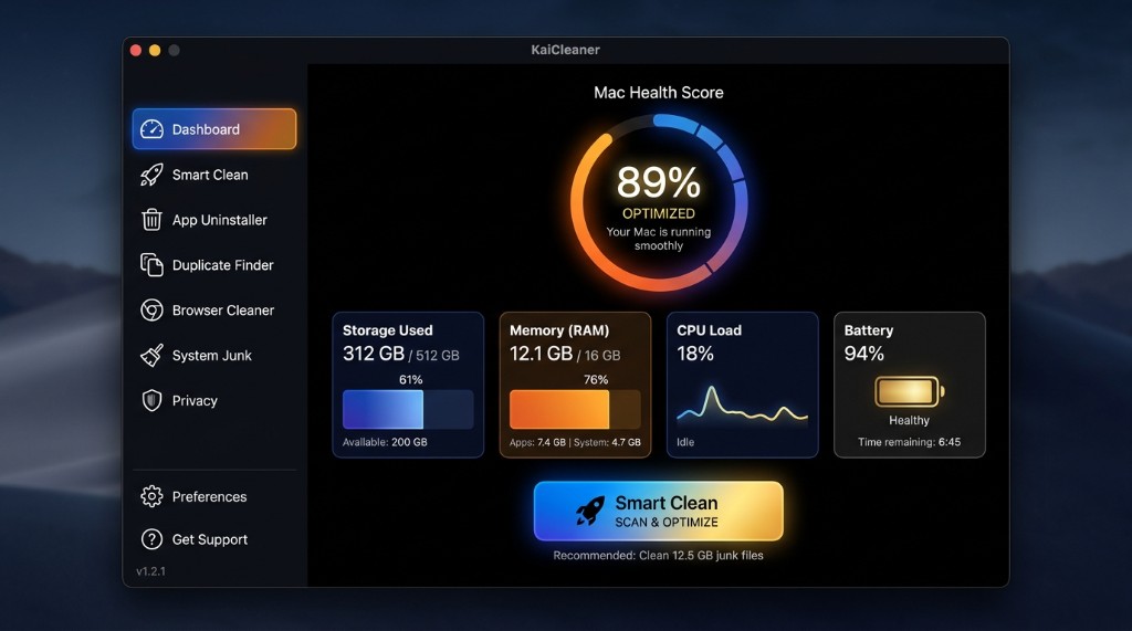 KaiCleaner Dashboard — Mac Health Score, metric cards, and Smart Clean button